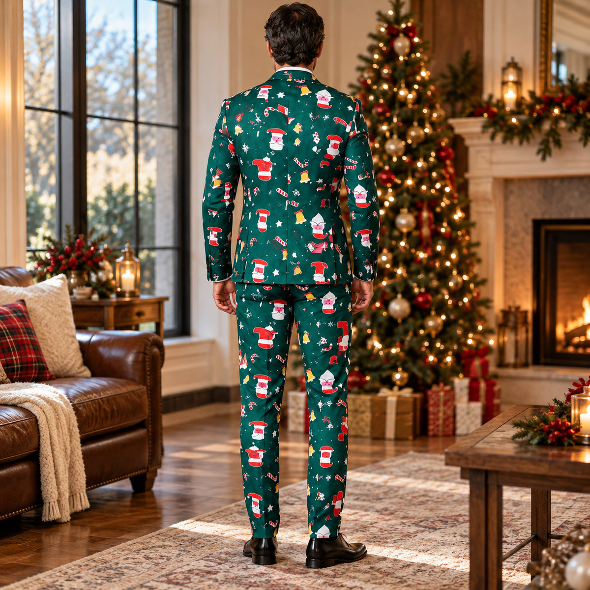 Back view of Wisholic tailored men's holiday suit showing seamless green Christmas pattern fit standing by decorated holiday tree