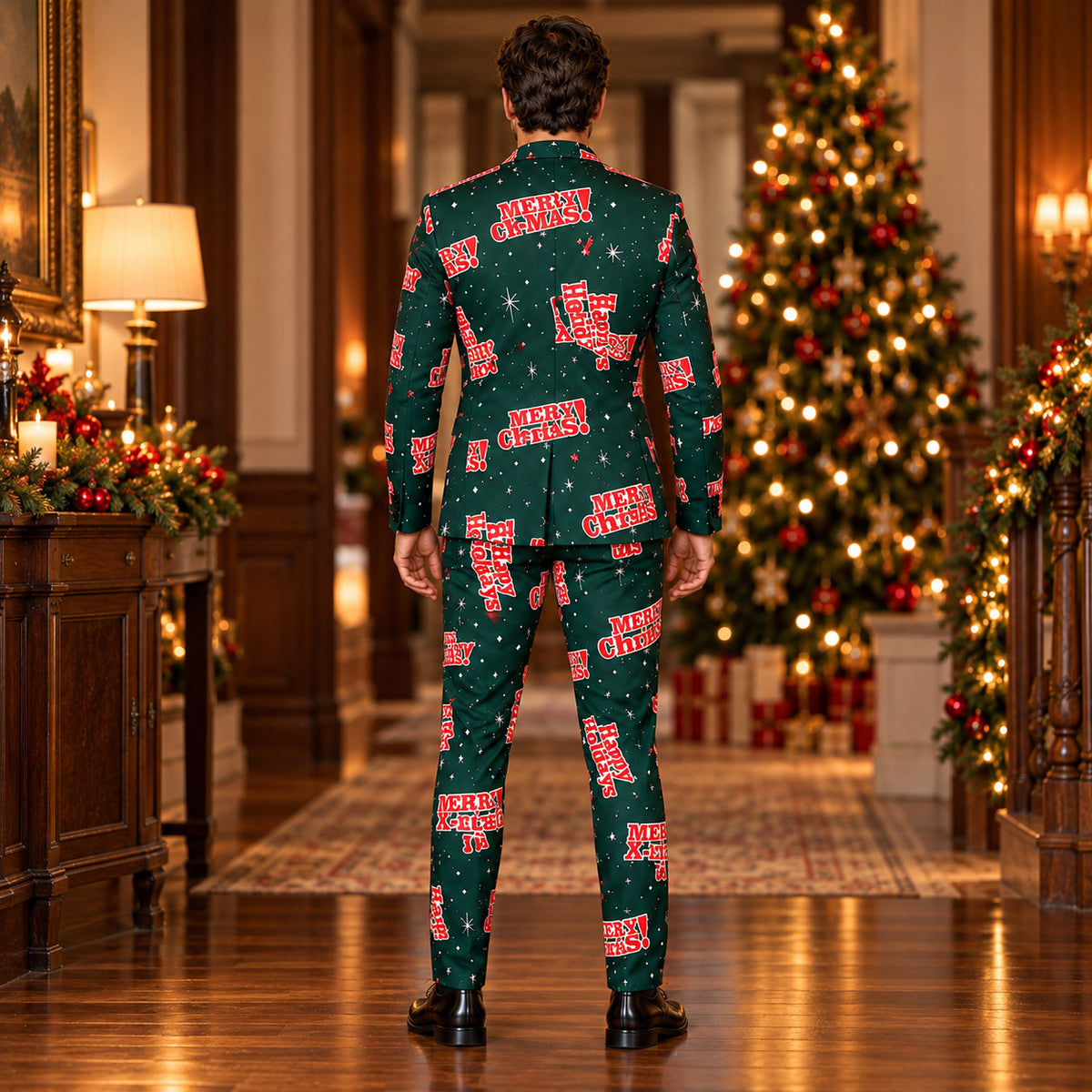 Back view of Wisholic tailored men's green Christmas suit showing all-over Merry Christmas lettering print standing beside decorated holiday tree