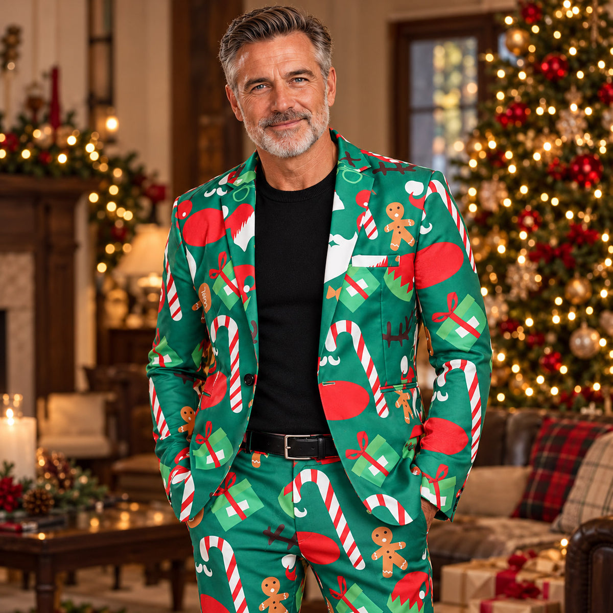 Wisholic men's green Christmas patterned suit featuring festive candy canes and gingerbread print worn by a man by the holiday tree.