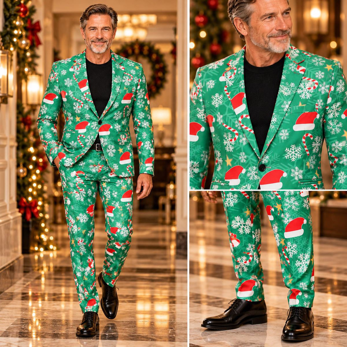 Wisholic men's festive green Christmas suit full-body runway view and close-up tailoring details