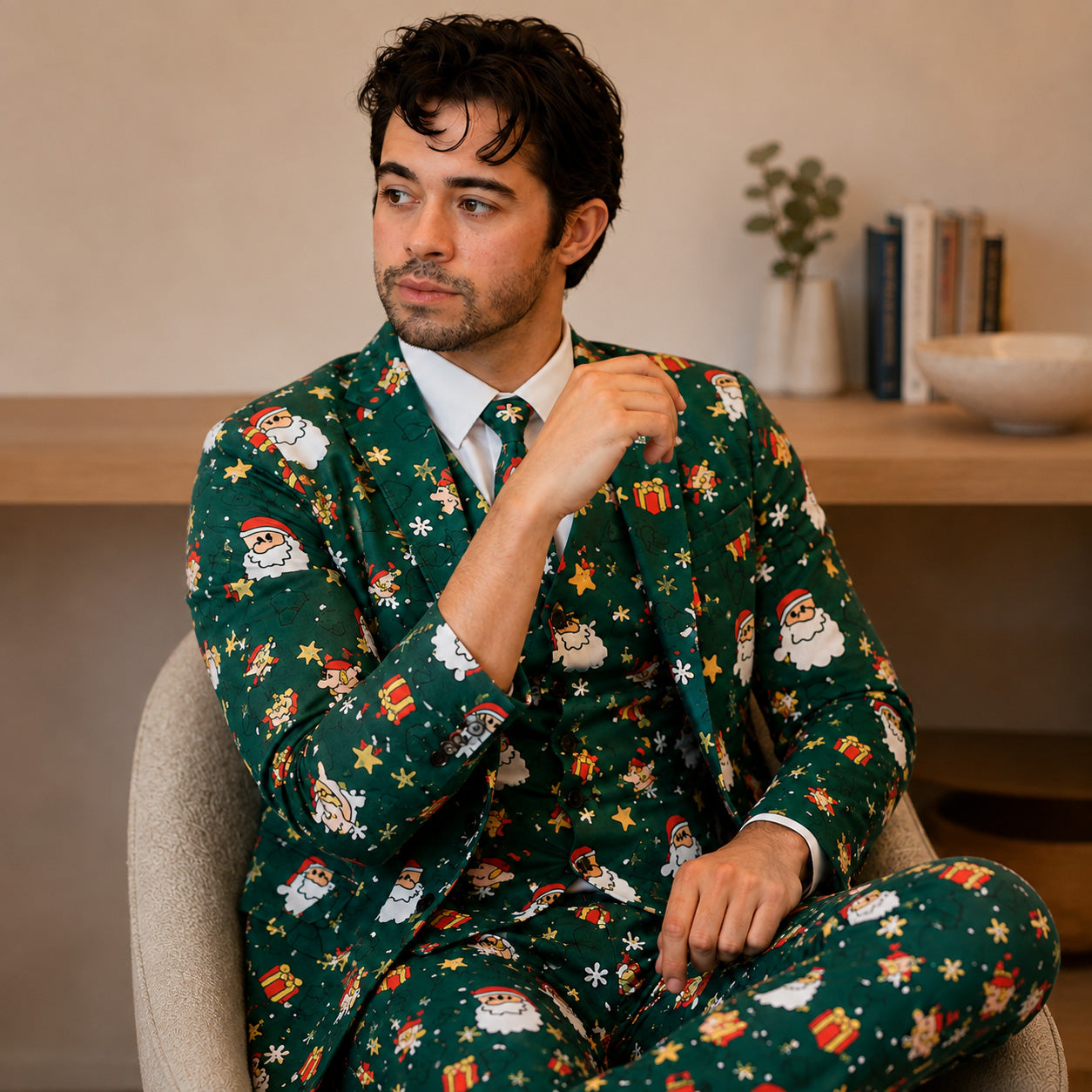 Man sitting indoors wearing WISHOLIC green Christmas Santa print blazer, vest, and matching printed tie.