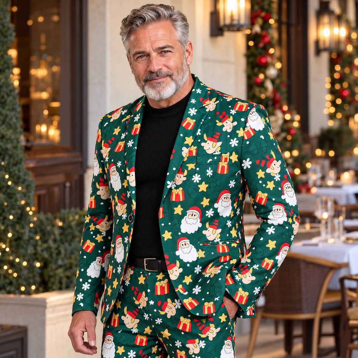 Wisholic men's festive dark green suit blazer featuring Santa Claus and elf holiday print
