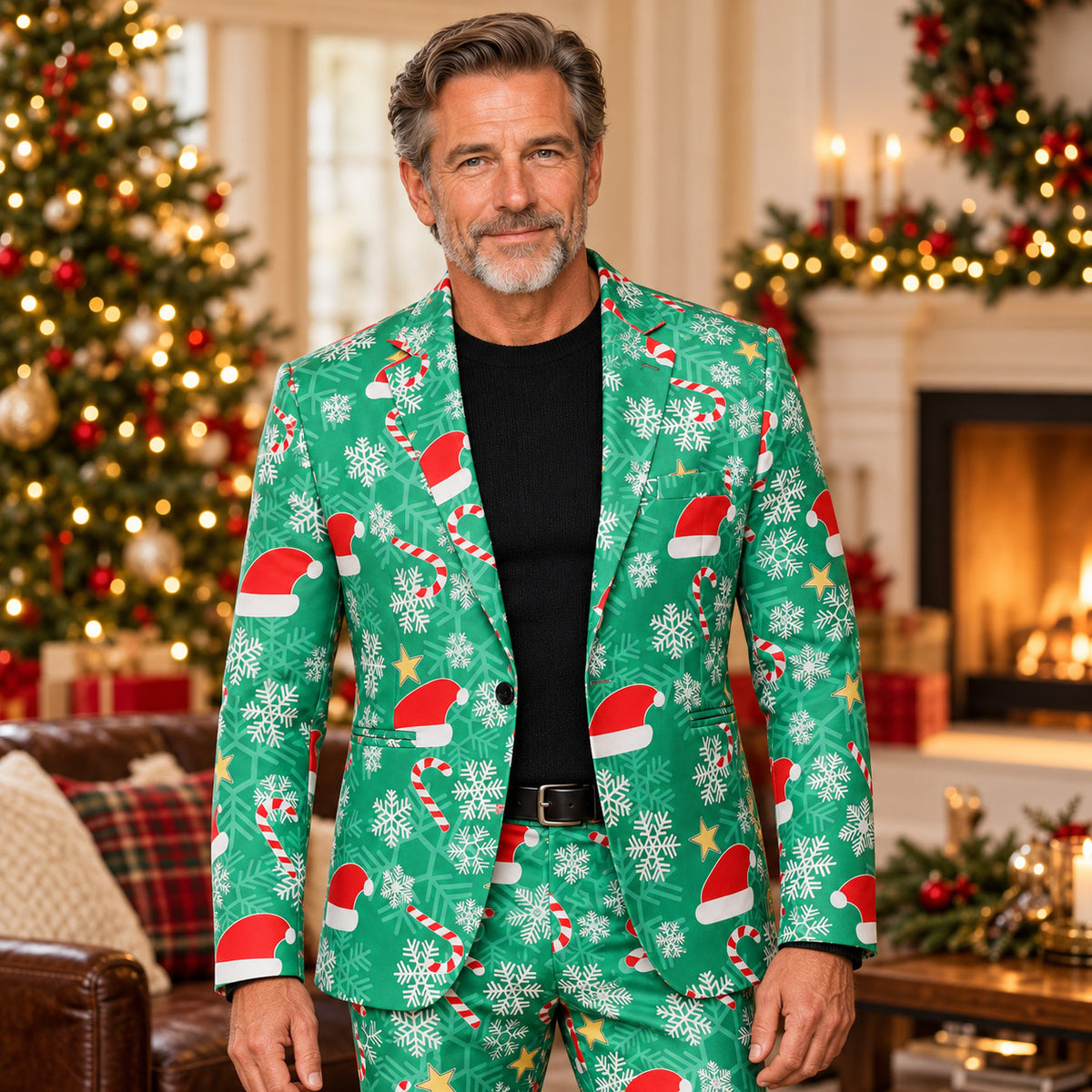 Wisholic men's green Christmas suit jacket featuring Santa hat and snowflake festive pattern