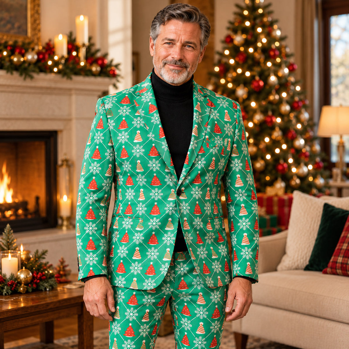 Wisholic men's festive green Christmas suit set featuring tree and snowflake pattern in holiday living room