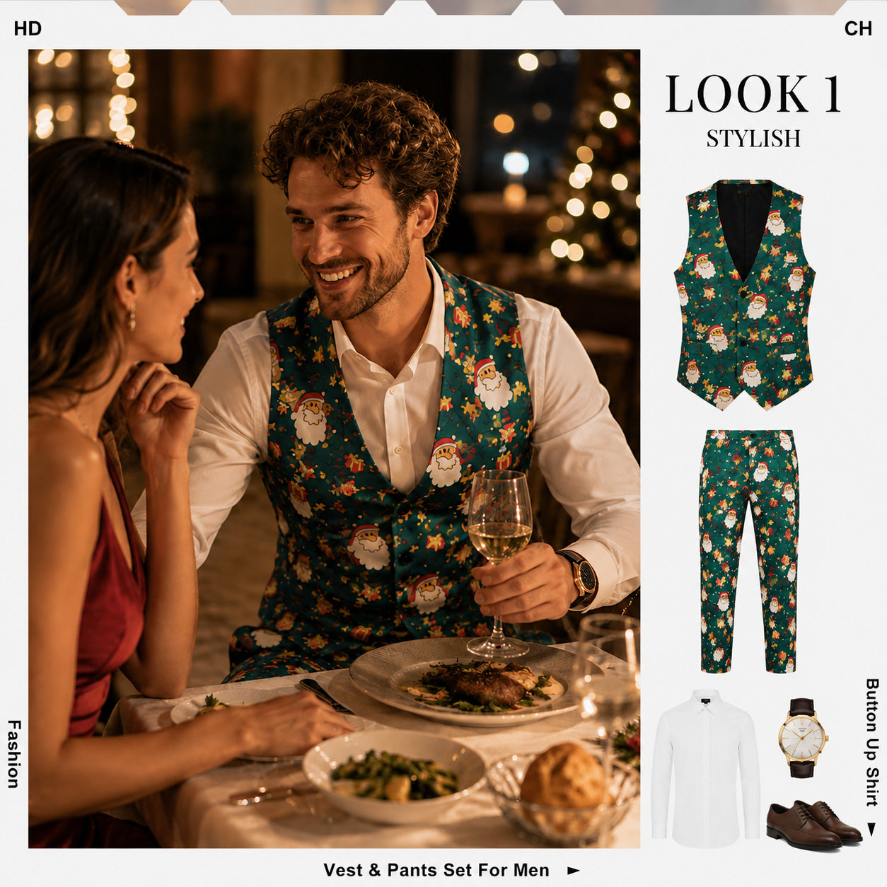 WISHOLIC green Christmas Santa print vest and pants set worn at a holiday dinner table with matching outfit guide.