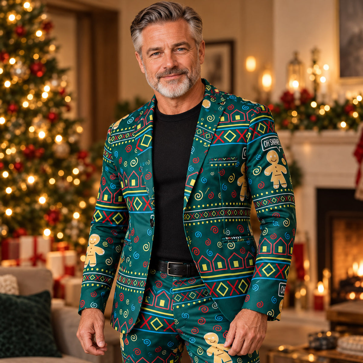Wisholic men's festive dark green Christmas suit featuring gingerbread man and gingerbread house pattern front view