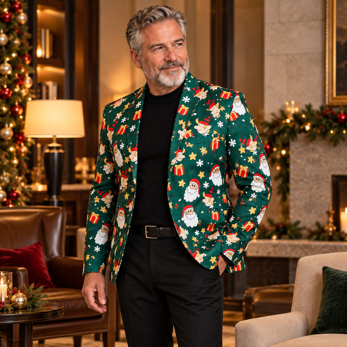 Wisholic green Christmas graphic suit jacket styled casually with black turtleneck and trousers