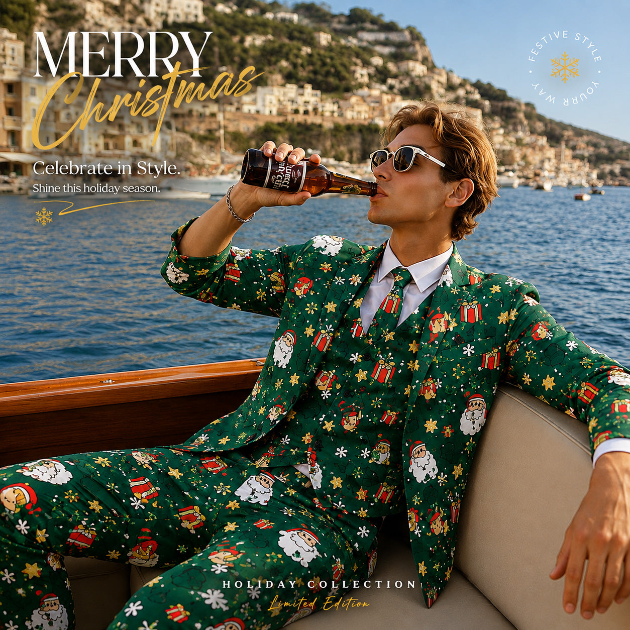 WISHOLIC holiday collection green Santa Claus print 3-piece suit worn on a boat, festive Christmas party outfit for men.