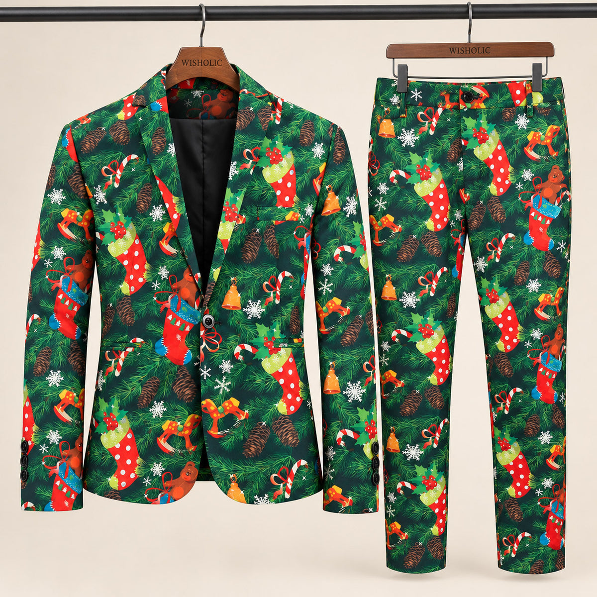 Wisholic two-piece Christmas print suit set including a pine green blazer jacket and matching trousers displayed on wooden hangers.
