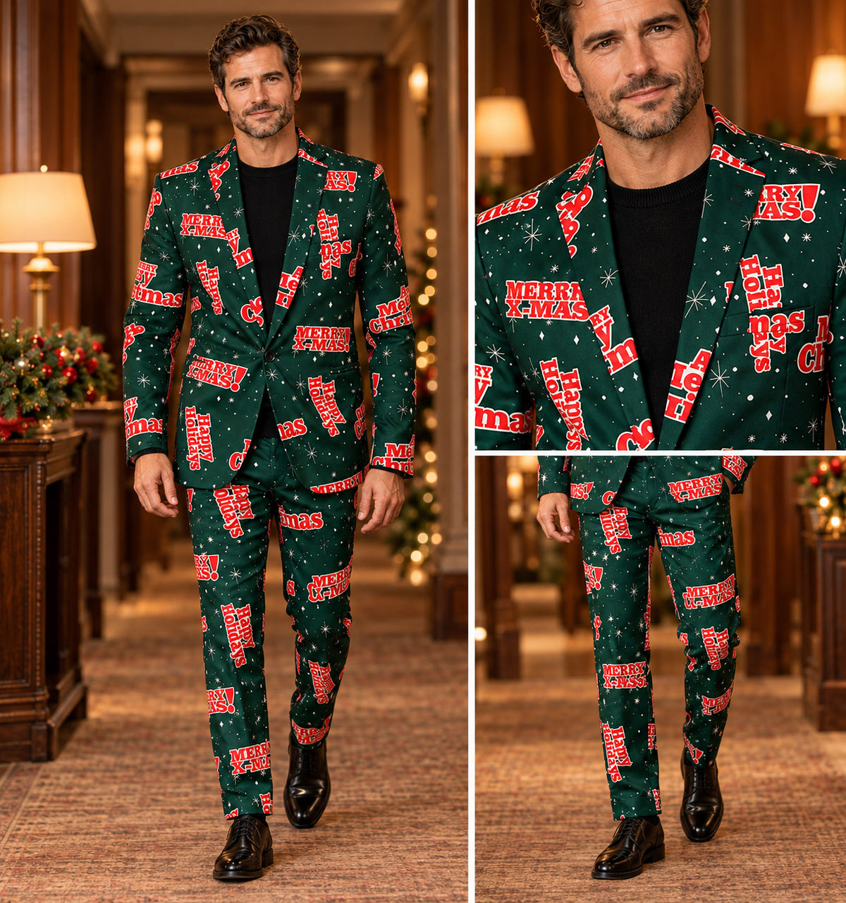 Full body fit and close-up views of Wisholic men's tailored green Christmas party suit with festive typography print and slim-fit trousers