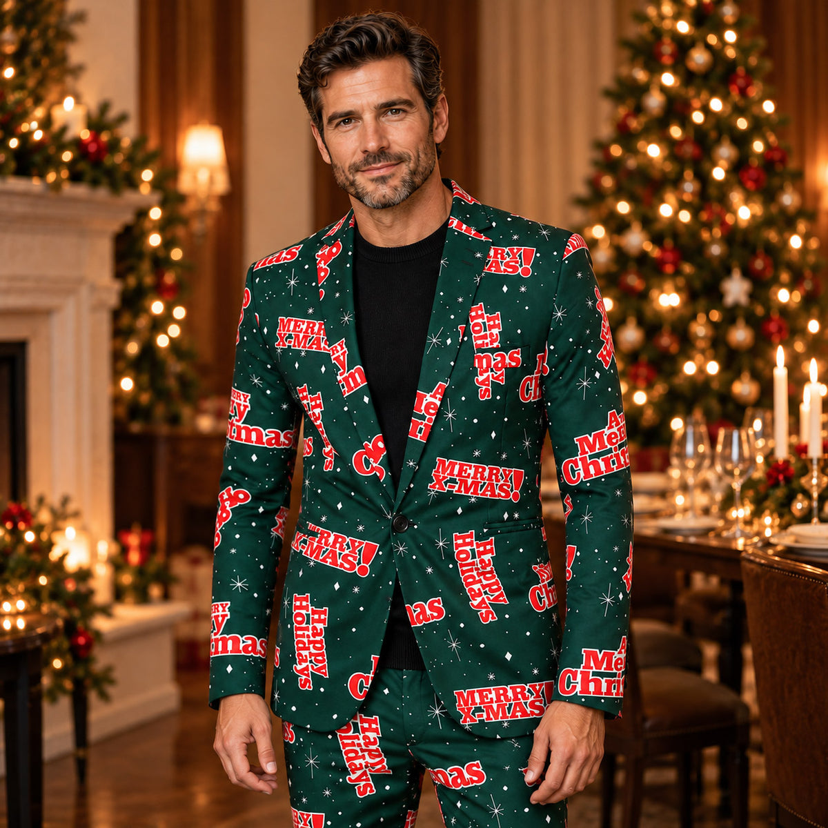 Wisholic men's festive dark green Christmas suit with red Merry X-Mas and Happy Holidays typography print styled with black knit top