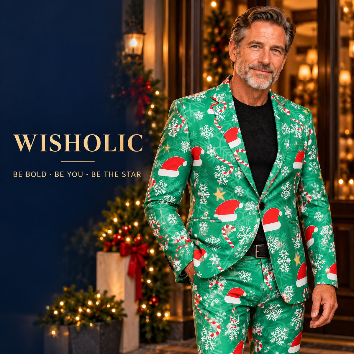 Wisholic men's festive green patterned Christmas party suit standing outdoors surrounded by holiday lights