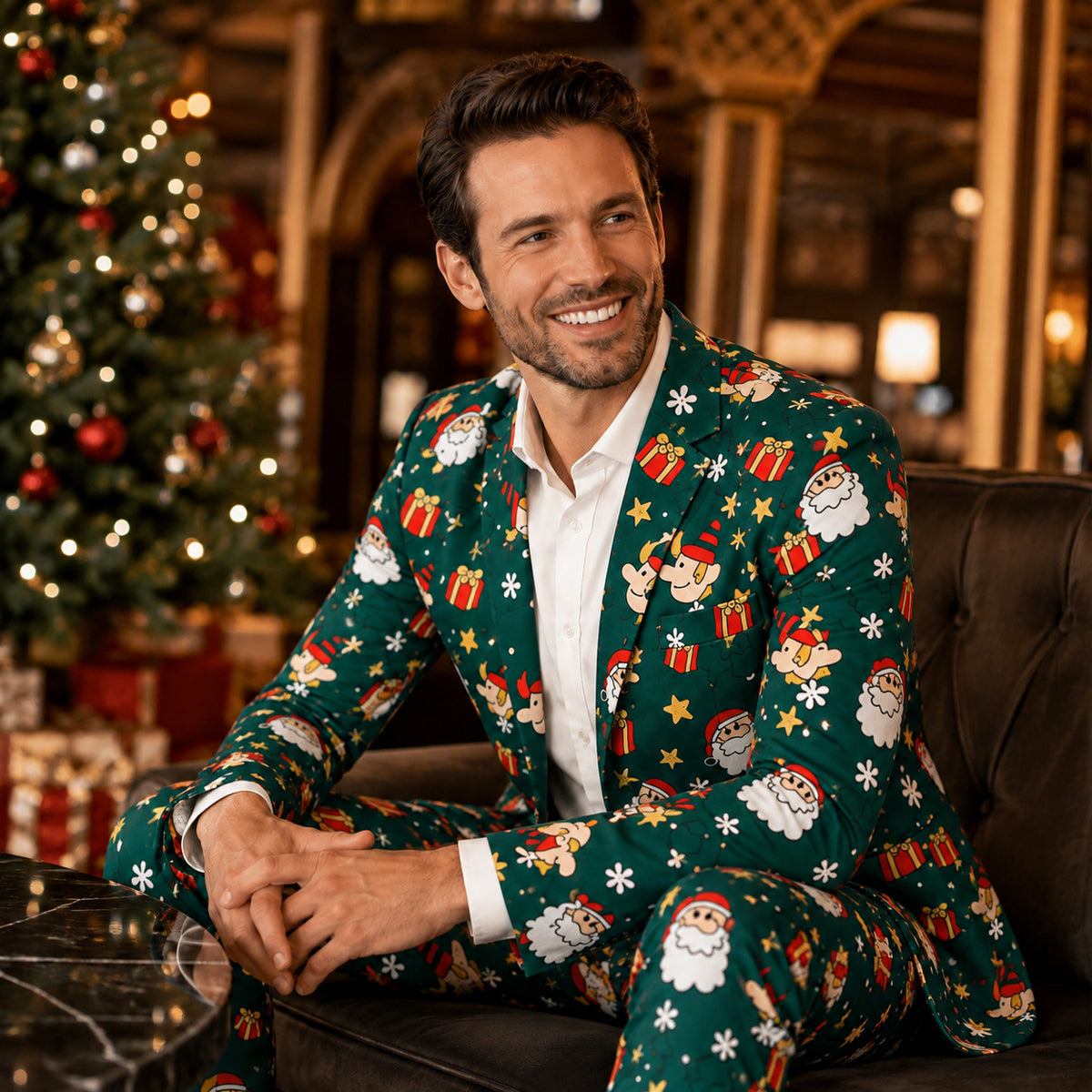 Wisholic men's green Santa Claus and snowflake printed suit jacket and trousers worn sitting on a couch.