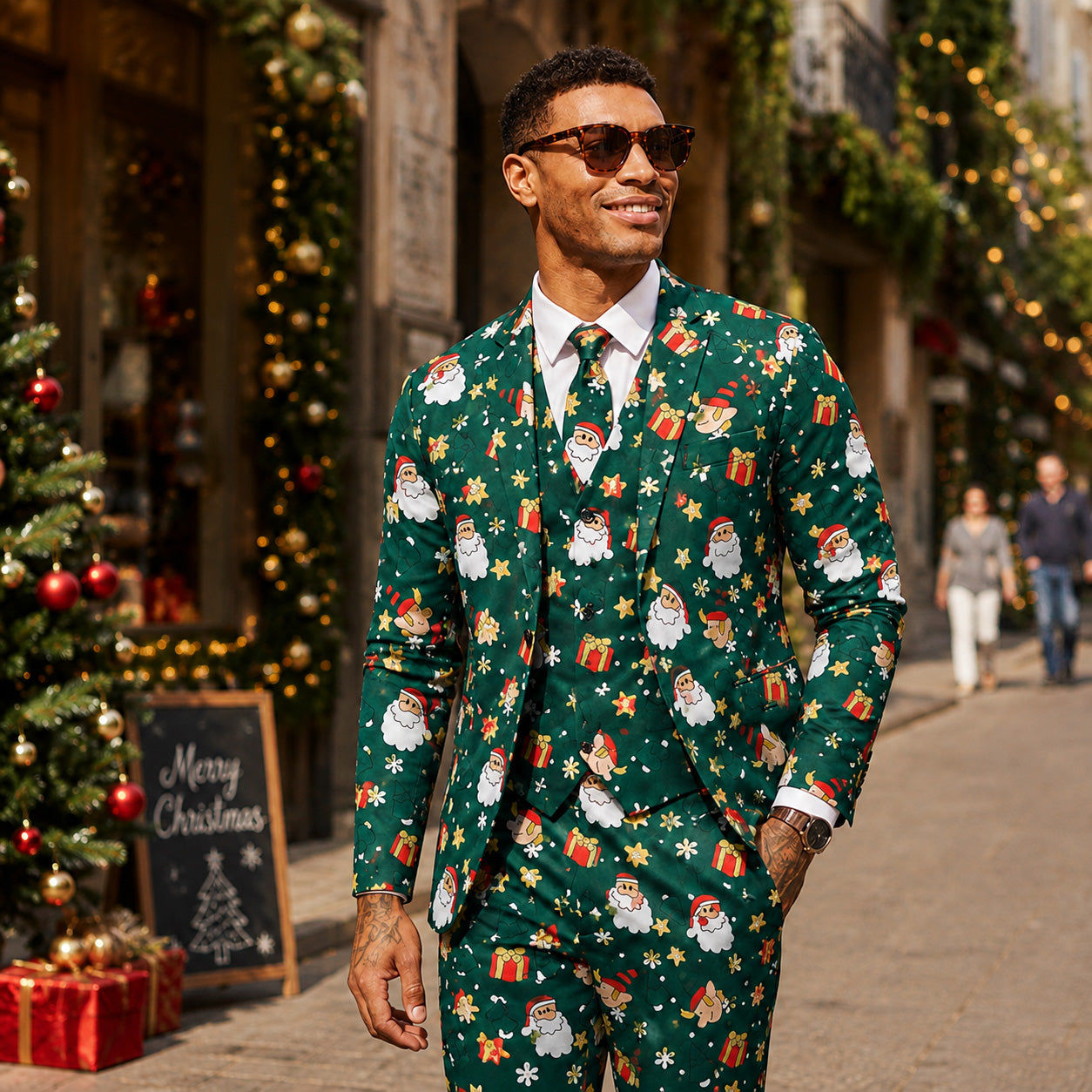 WISHOLIC men's green Christmas printed 3-piece suit featuring Santa Claus patterns, holiday blazer, vest, and pants worn outdoors.