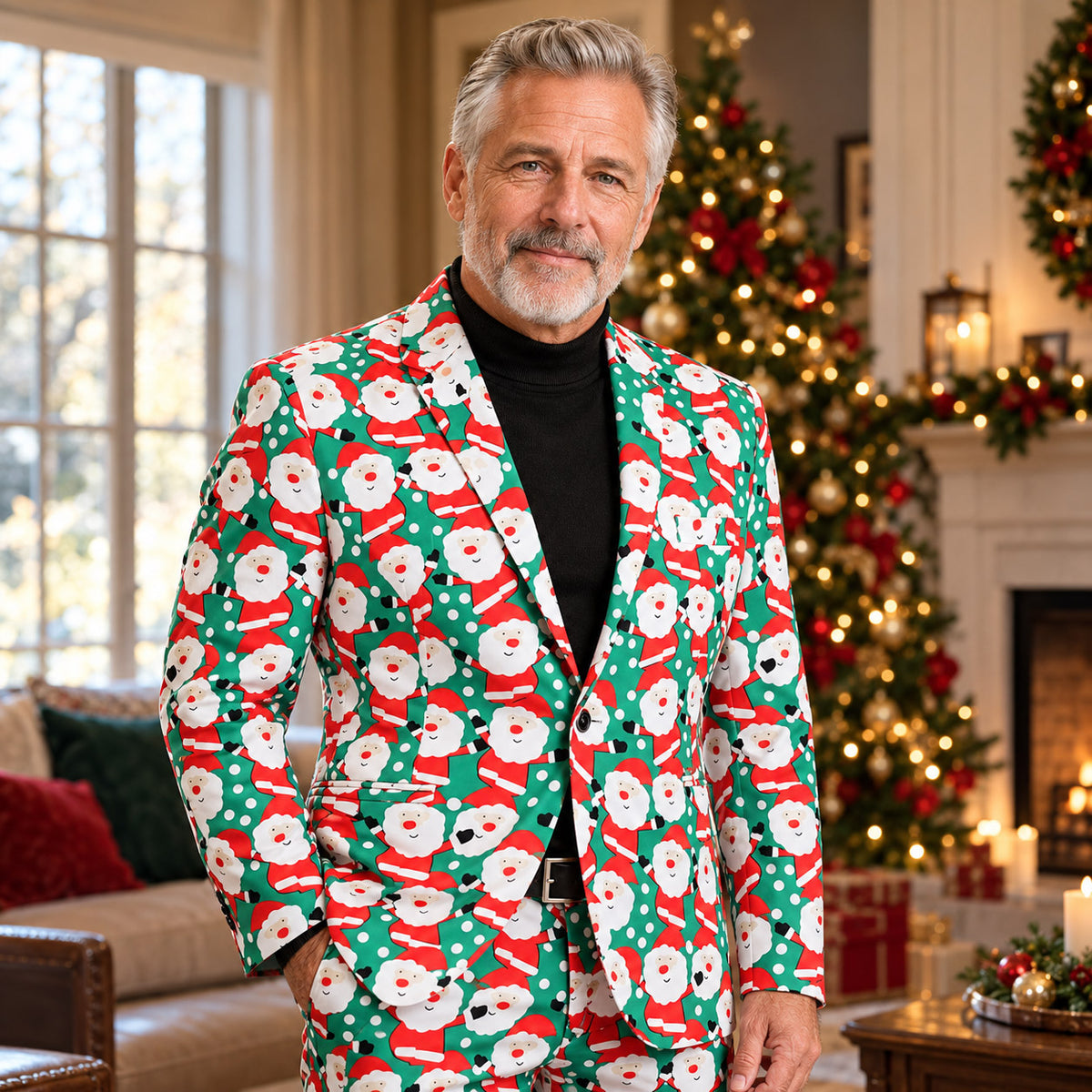 Wisholic men's green Christmas suit jacket featuring Santa Claus cartoon print, styled with a black turtleneck in a festive holiday living room