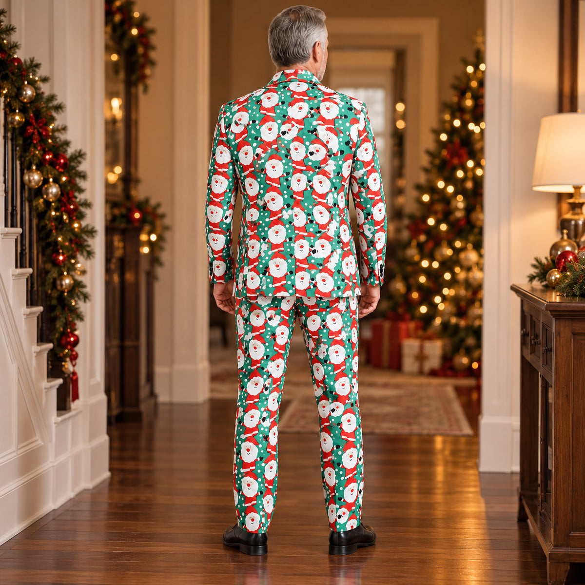 Back view of Wisholic tailored green Santa Claus pattern holiday suit and matching pants in front of a decorated Christmas tree