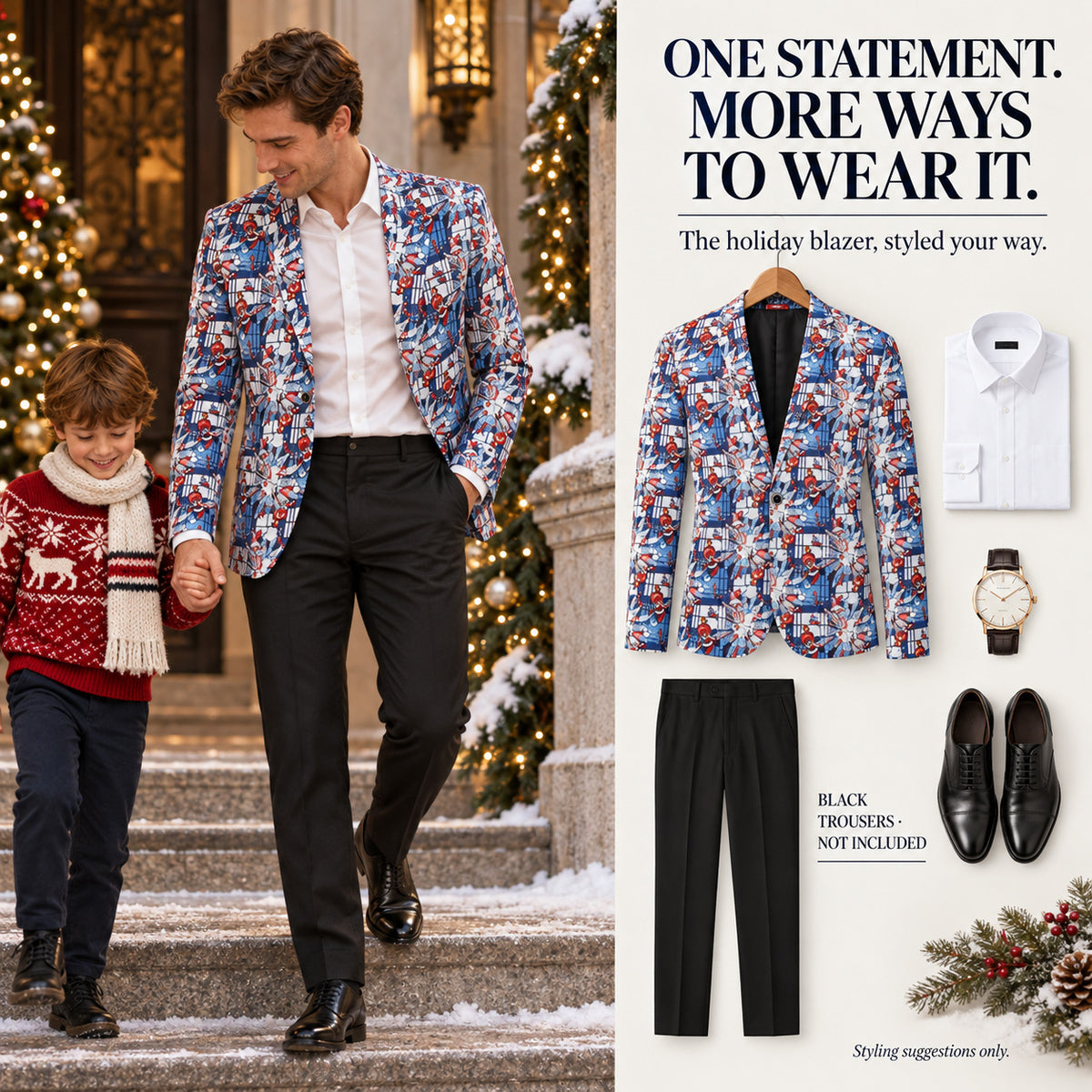 Wisholic men's blue holiday pattern blazer styled casually with black trousers for winter family celebrations.