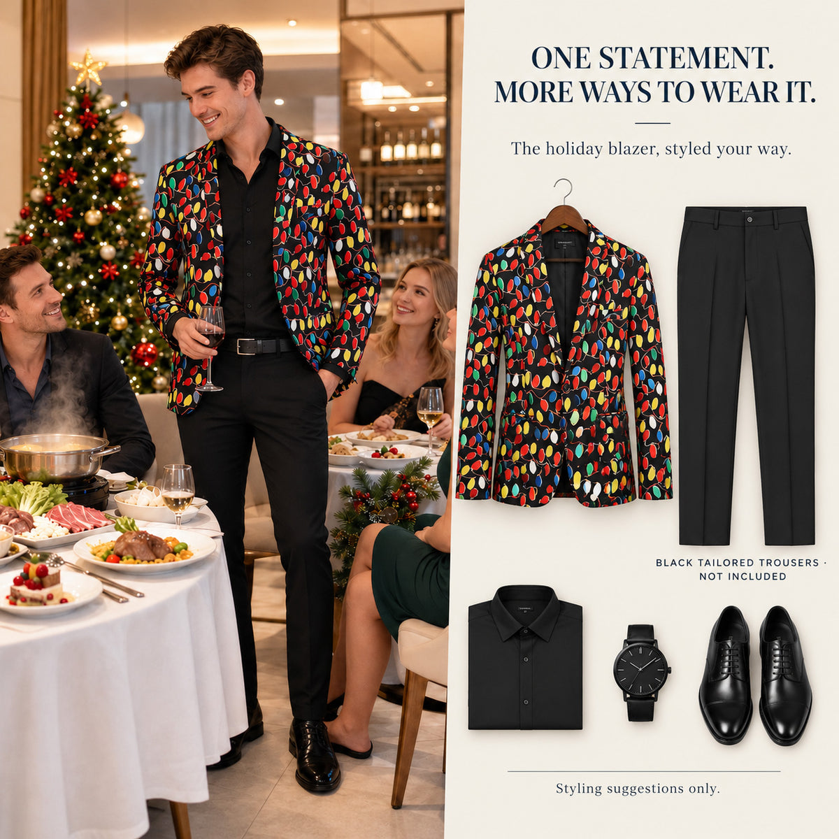 Wisholic men's Christmas lights blazer styled separately with black tailored trousers at a festive holiday dinner celebration.