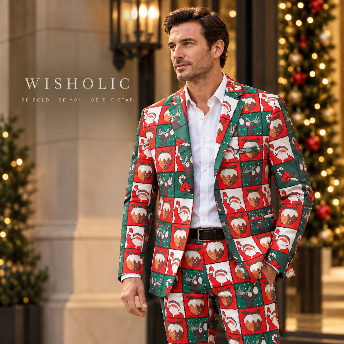 Wisholic men's holiday Christmas printed suit with festive background decorations.