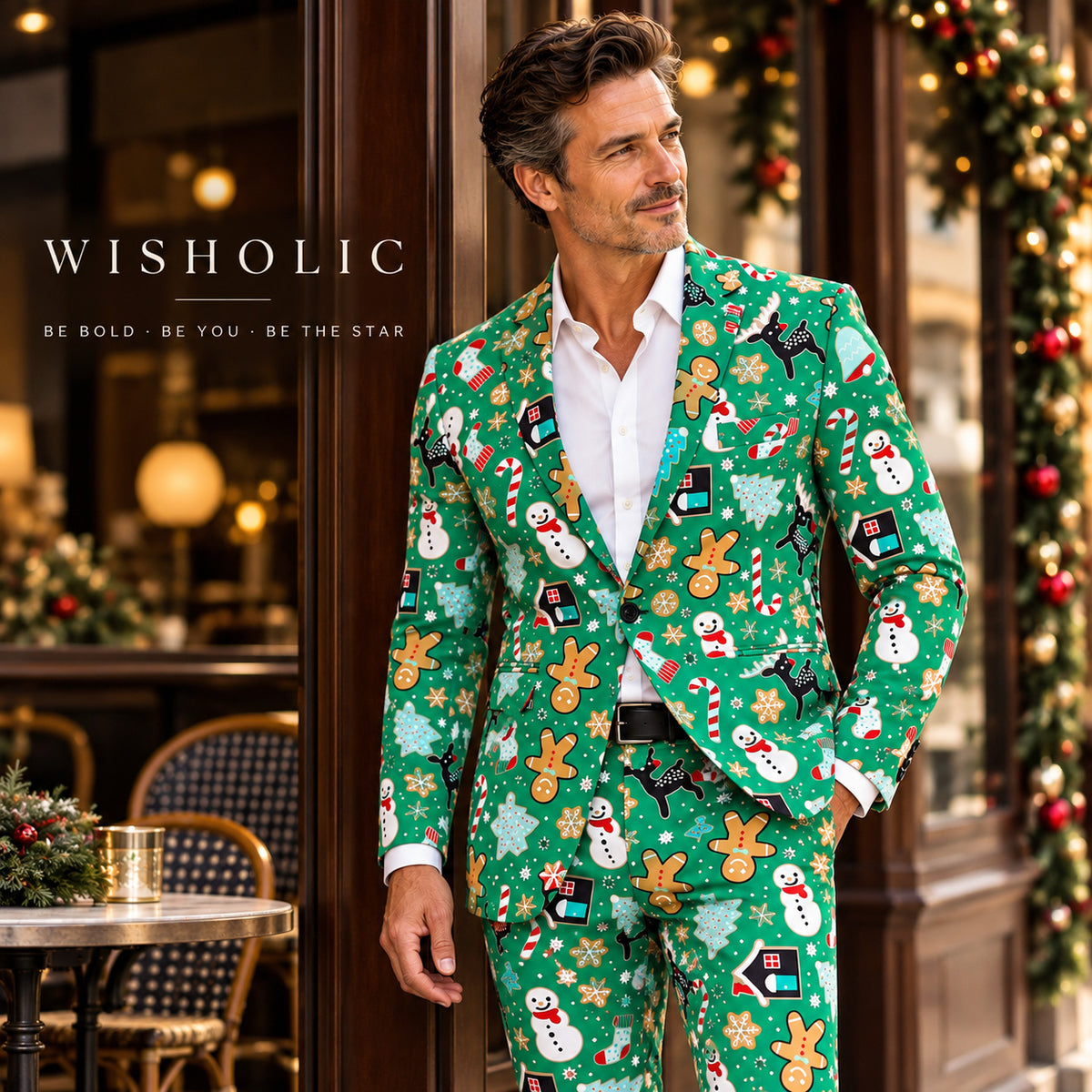 Wisholic men's green Christmas printed suit featured in an outdoor holiday street setting with brand logo overlay.