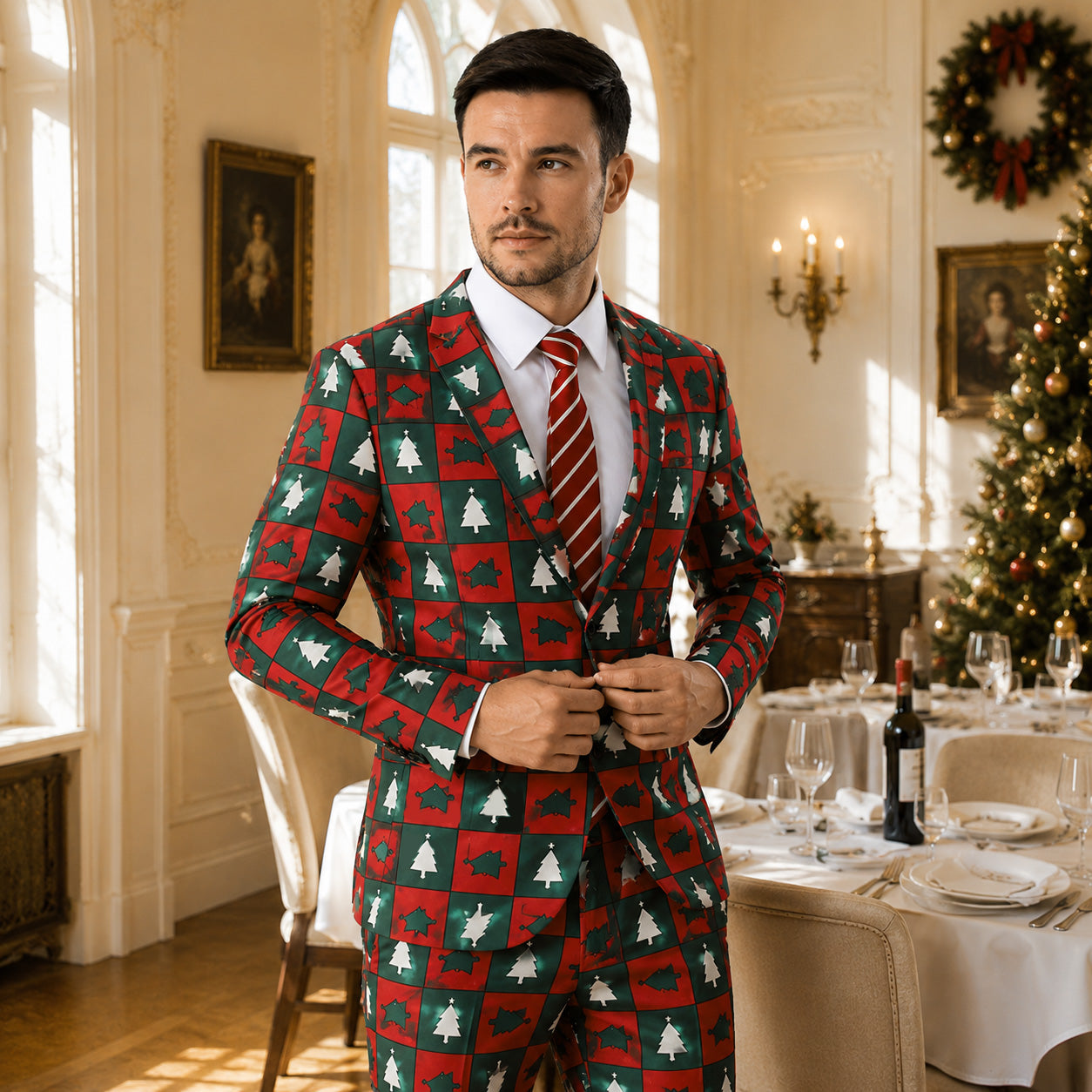 Model Wearing WISHOLIC Christmas Tree Grid Printed Suit with Red Striped Tie | WISHOLIC