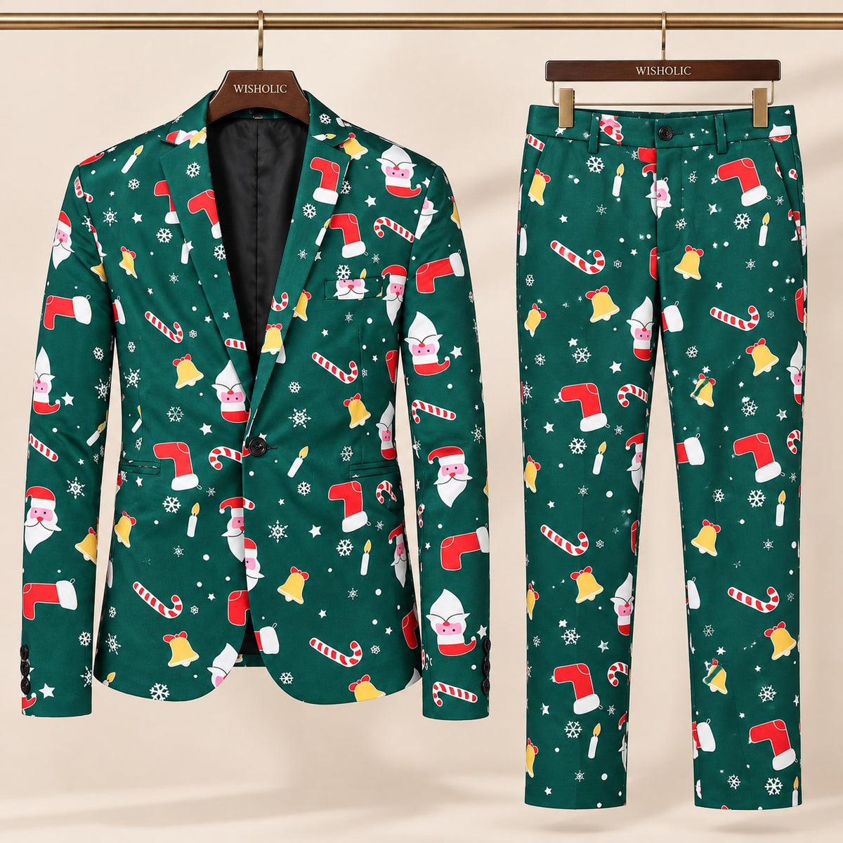 Wisholic 2-piece men's holiday suit set with green festive icons print blazer and matching trousers on wooden hangers