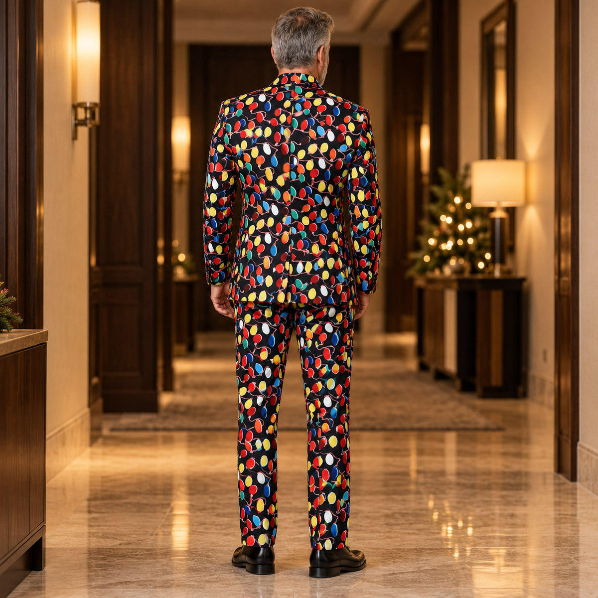 Back view of Wisholic tailored fit men's Christmas light bulb pattern suit set