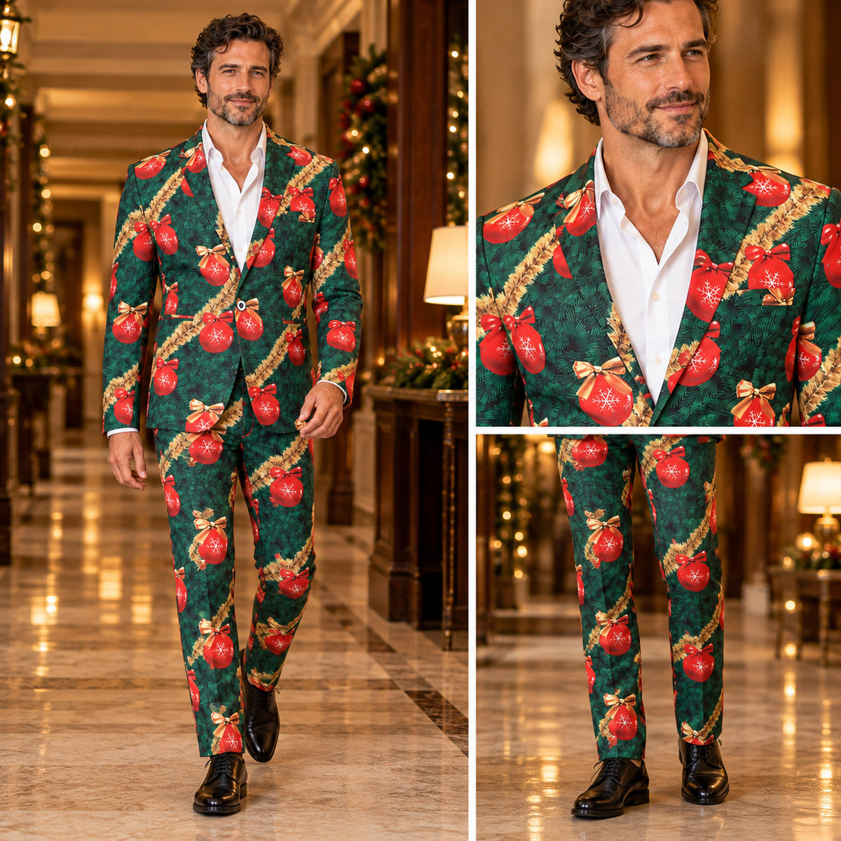 Full body fit and close-up views of Wisholic men's tailored Christmas party suit with festive red bauble print and slim-fit trousers