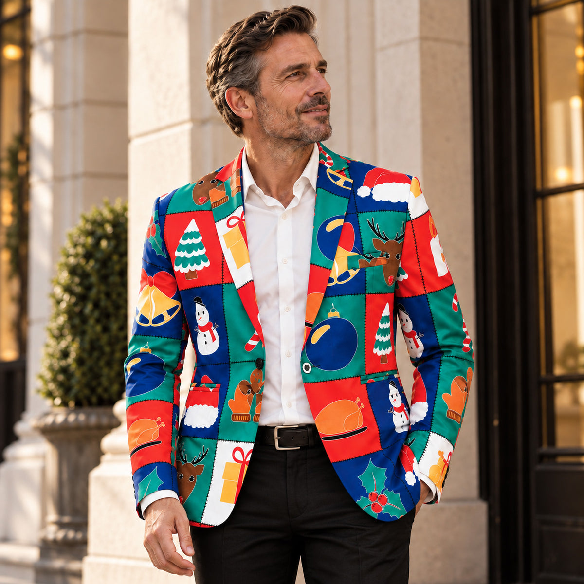 Wisholic men's holiday party colorful Christmas blazer jacket styled with white shirt