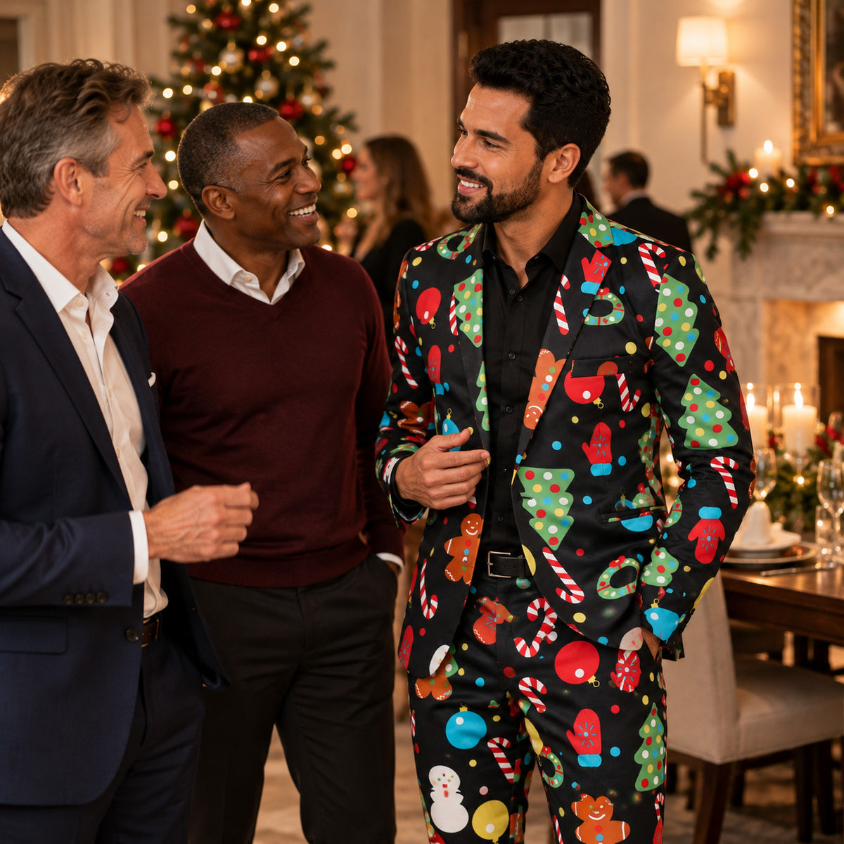 WISHOLIC men's colorful Christmas suit worn at an elegant holiday party with friends