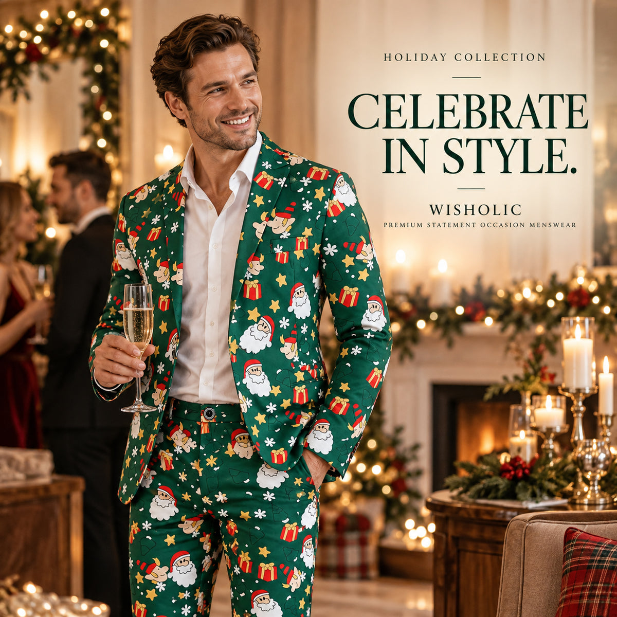 Wisholic holiday collection green Christmas printed suit for men worn at a festive party holding a champagne glass.