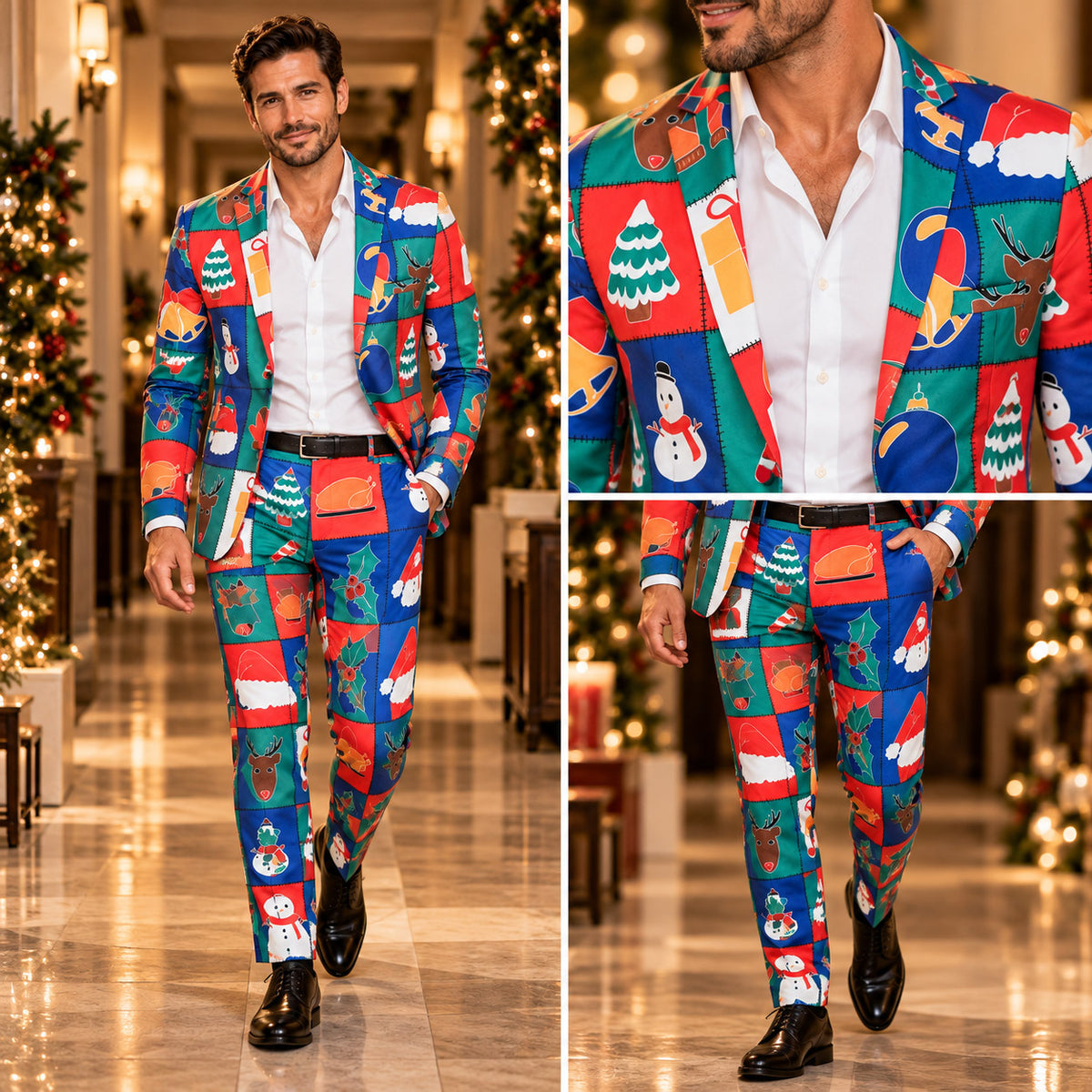 Full body fit and close-up tailoring views of Wisholic men's festive holiday patchwork suit for Christmas parties