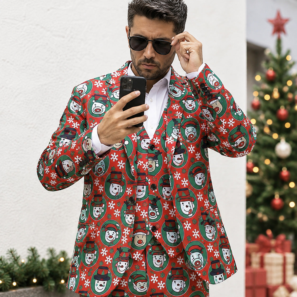 Man wearing a WISHOLIC red printed Christmas suit jacket and matching vest with a black baseball cap, standing outdoors.