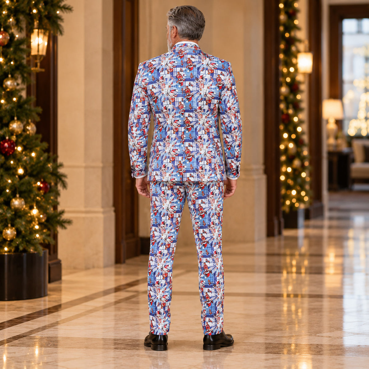 Back view of Wisholic festive men's tailored suit showing seamless blue plaid and reindeer pattern across jacket and trousers