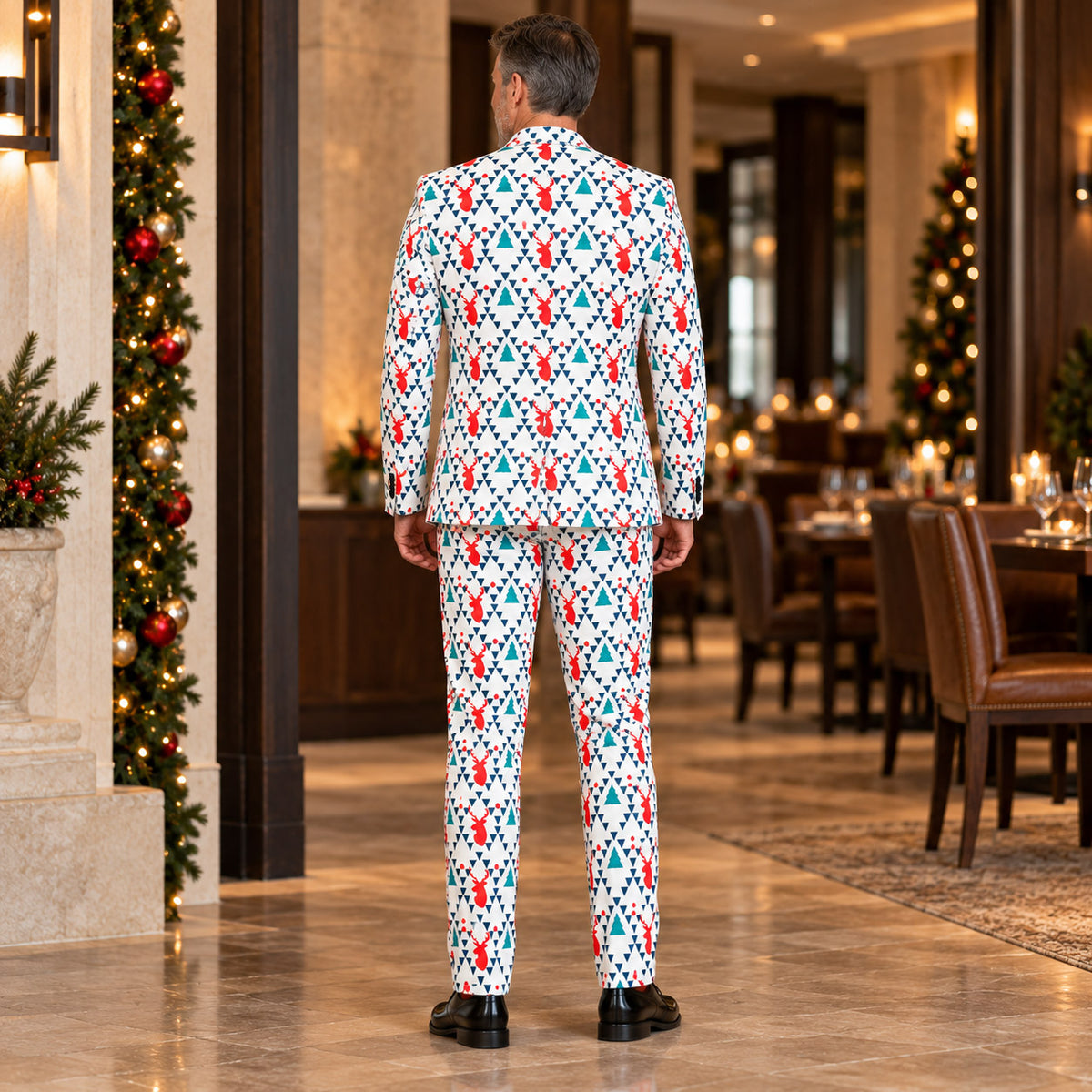 White Geometric Reindeer Print Suit