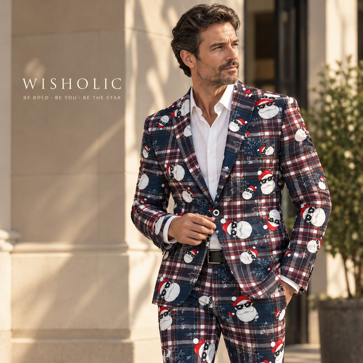 Wisholic men's holiday printed suit featuring brand slogan Be Bold Be You Be The Star with model posing outdoors.