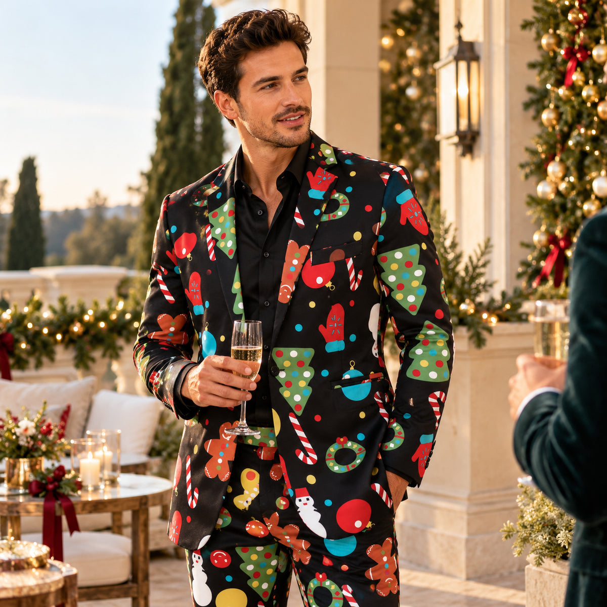 Wisholic men's black Christmas pattern suit worn outdoors at an evening holiday event