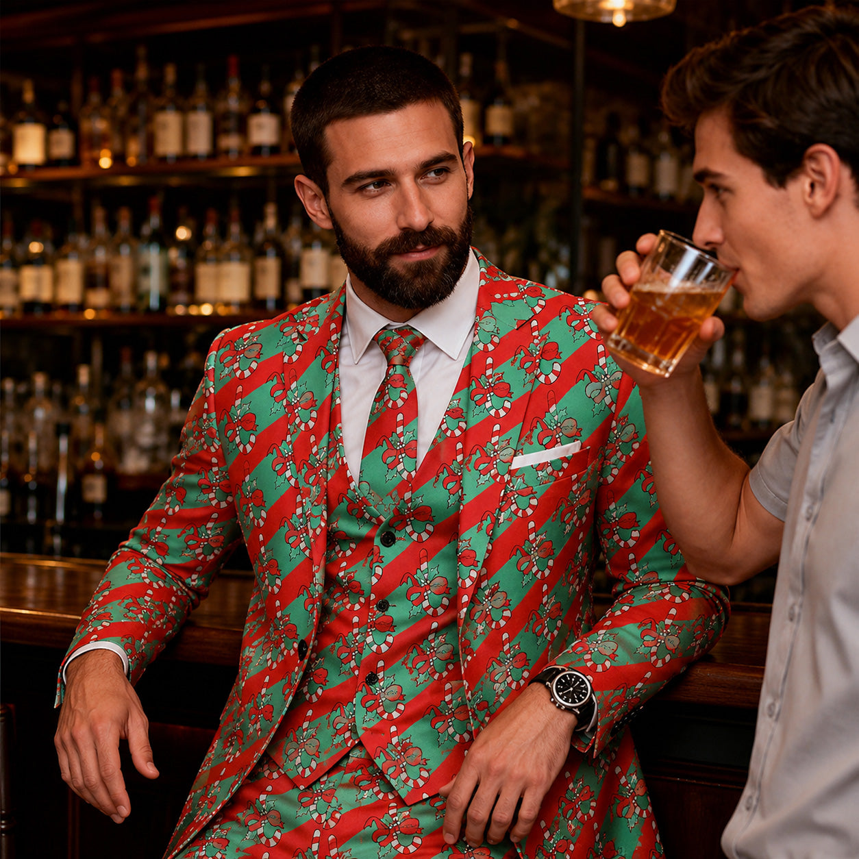 WISHOLIC men's festive candy cane print 3-piece suit with matching tie for holiday parties