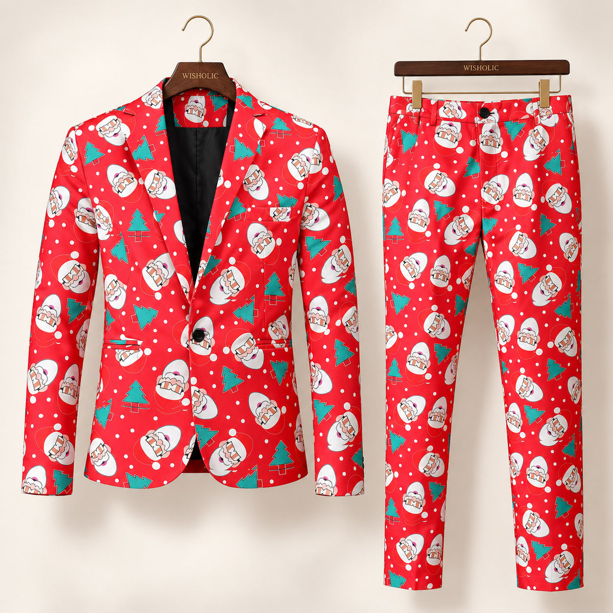 Wisholic matching 2-piece Christmas suit set with blazer and trousers in red Santa print on wooden hangers