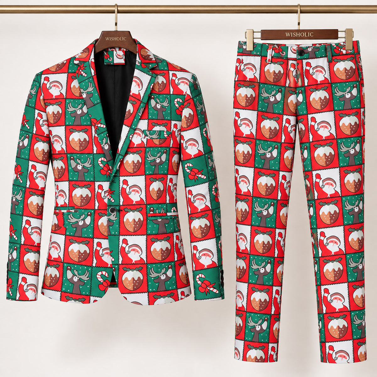 Wisholic 2-piece men's holiday suit set with red and green Christmas stamp pattern blazer and matching trousers on hangers