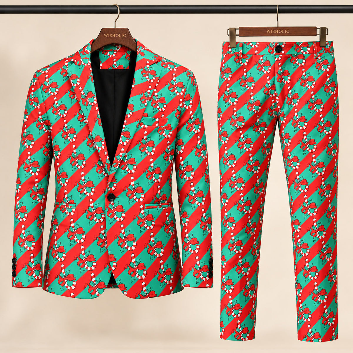 Wisholic men's 2-piece holiday suit set including candy cane striped printed blazer and matching tailored trousers on hangers