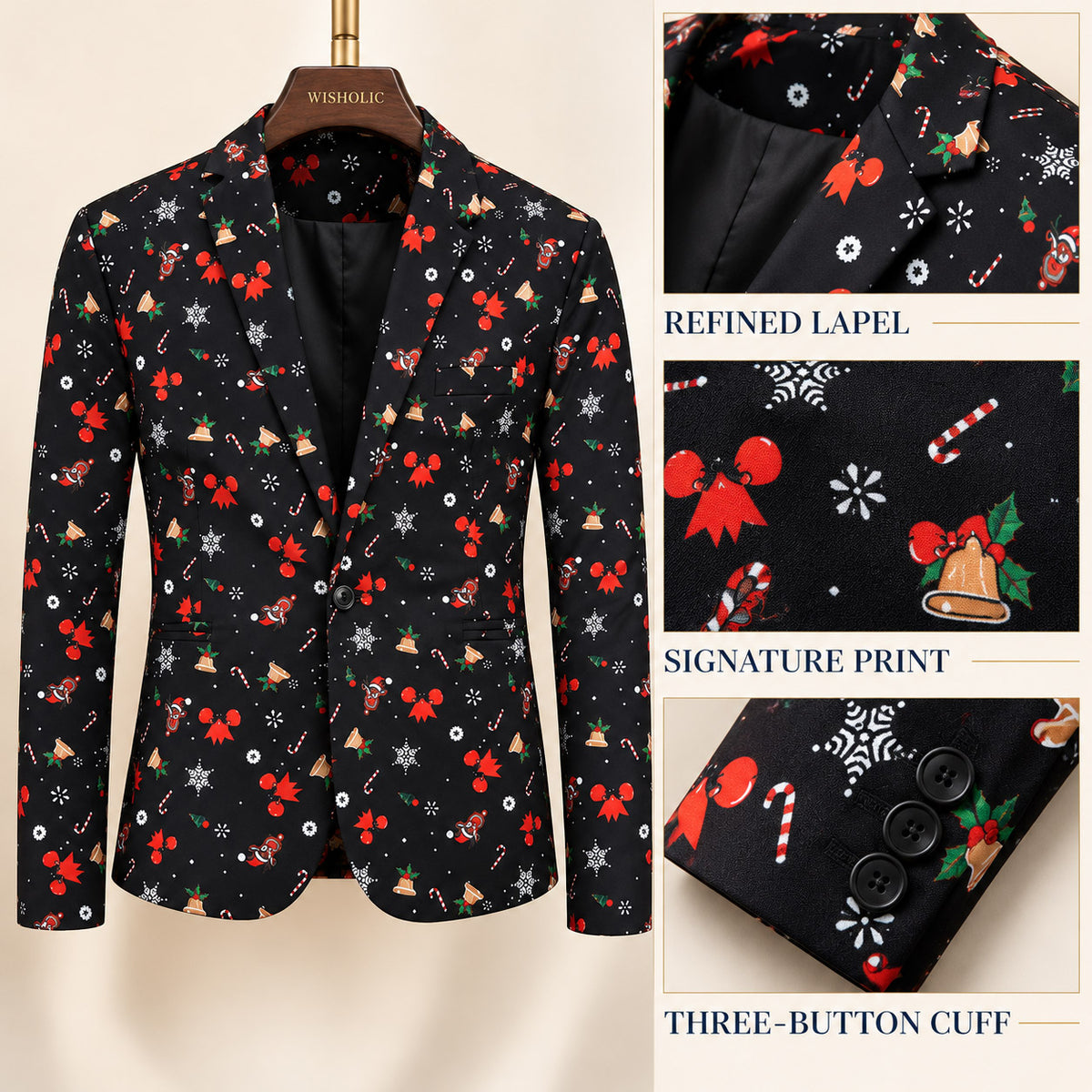 Wisholic festive suit jacket craftsmanship highlighting refined notch lapel signature holiday print pattern and three-button cuff