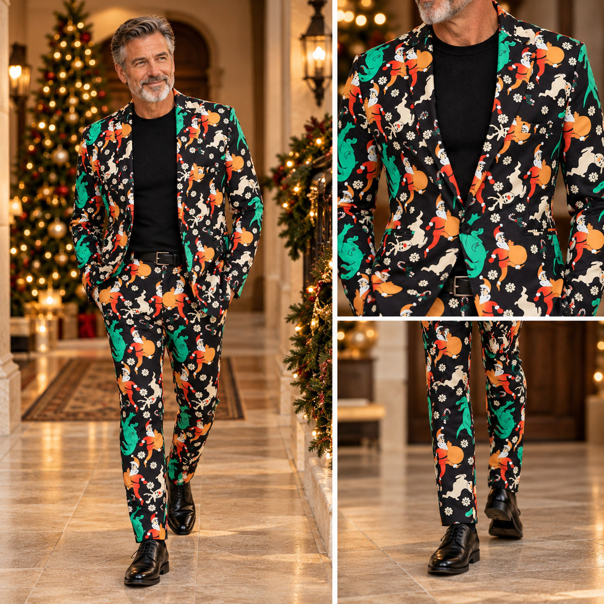 Man wearing Wisholic Christmas pattern suit enjoying drinks with friends at a festive holiday party dinner