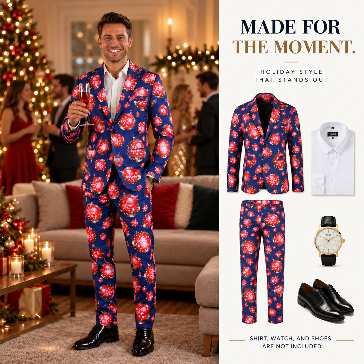 Detailed view of Wisholic men's Christmas suit jacket on hanger showing breathable fabric texture, stitching, and pocket features.