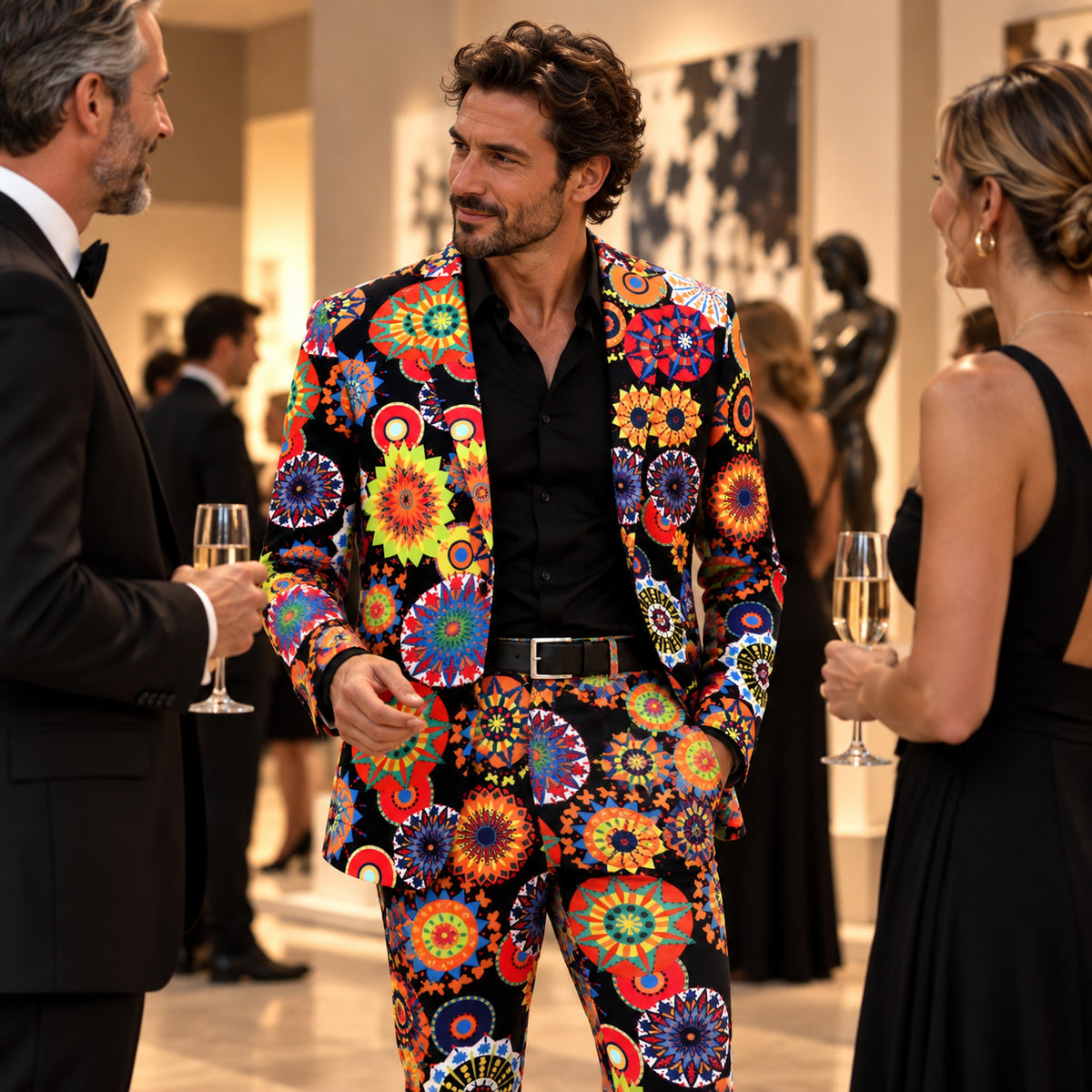Handsome man socializing at an art gallery soirée wearing a Wisholic colorful kaleidoscope mandala pattern suit jacket and matching trousers