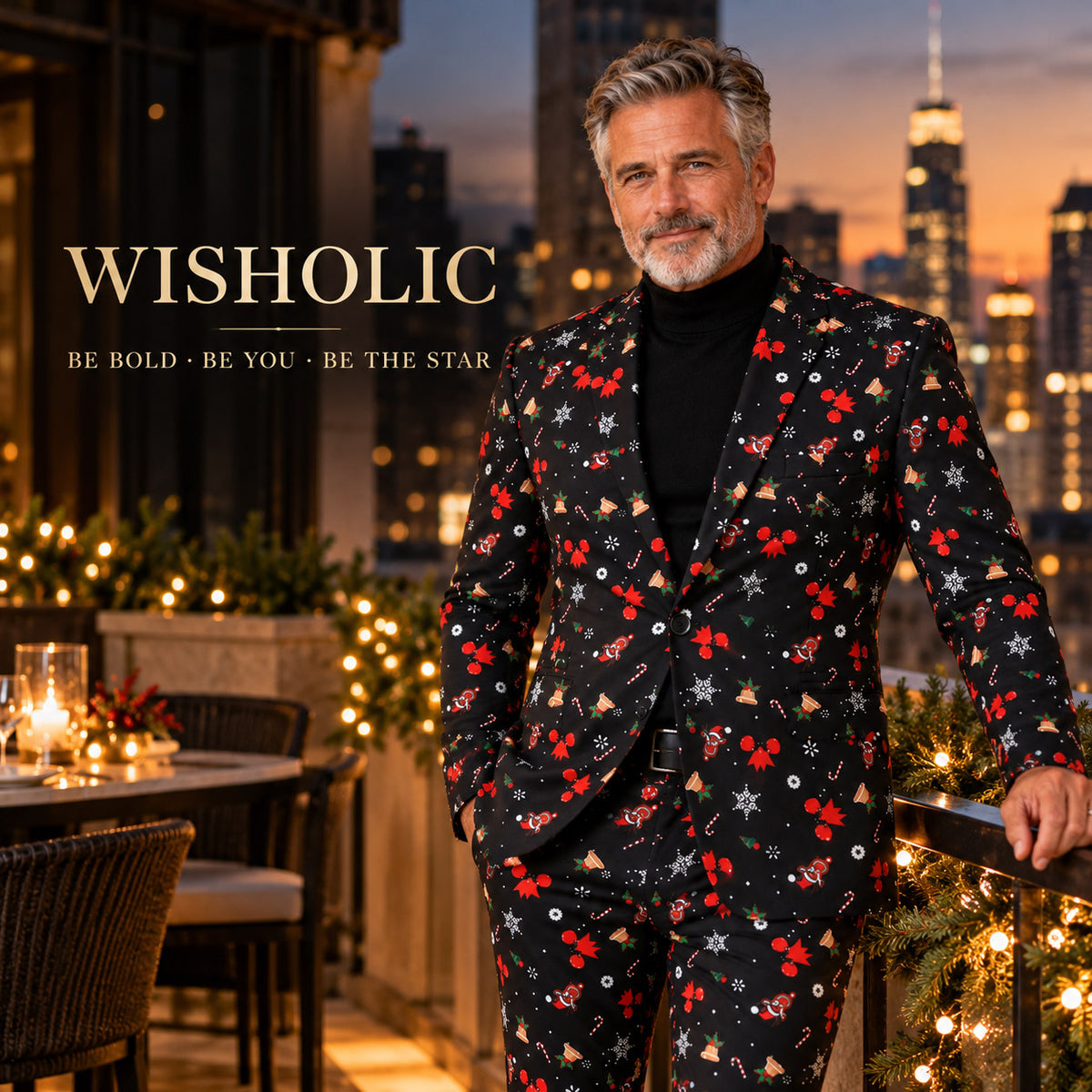 Wisholic Be Bold Be You campaign visual featuring mature man in luxury holiday Christmas print suit on a festive evening rooftop