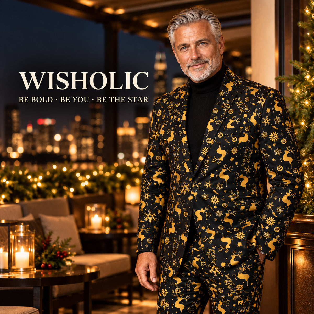 Wisholic luxury holiday campaign featuring a distinguished man in a gold and black reindeer Christmas suit against an evening city skyline