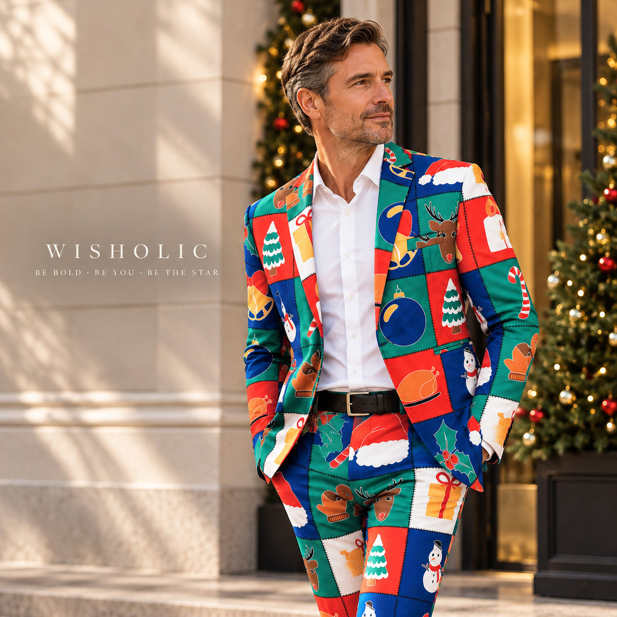 Wisholic stylish men's Christmas suit for holiday parties with Christmas tree background