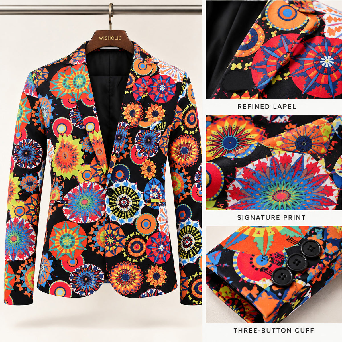 Tailoring craftsmanship of Wisholic statement jacket showcasing refined notch lapel, colorful mandala print, and three-button cuffs