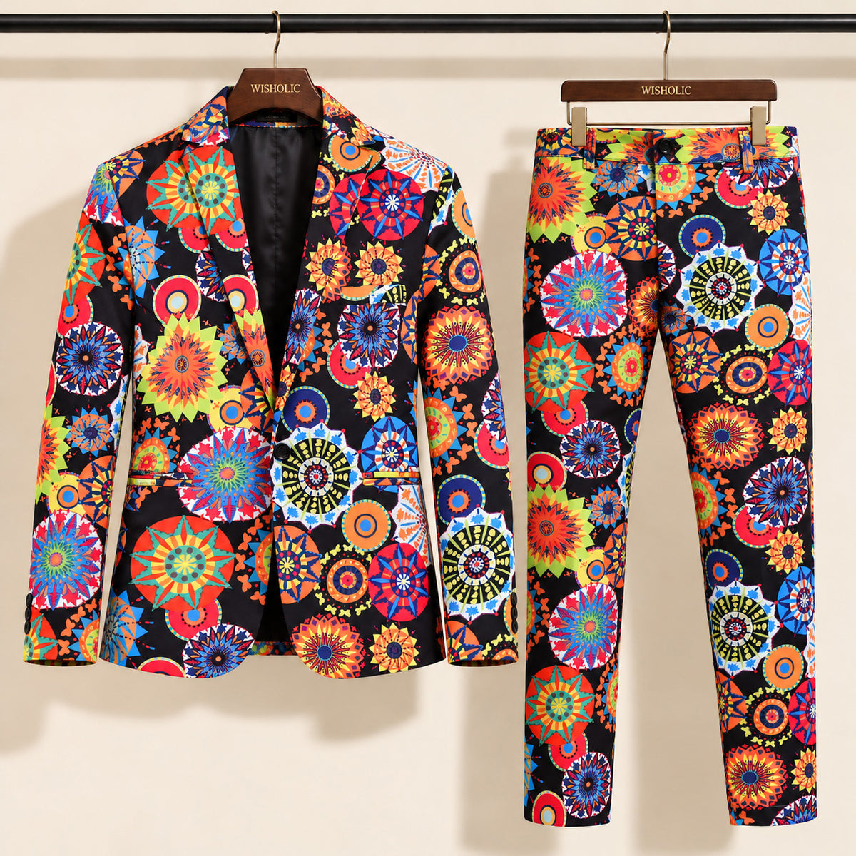 Wisholic 2-piece men's party suit set featuring black multicolor kaleidoscope floral print blazer and matching tailored trousers on hangers